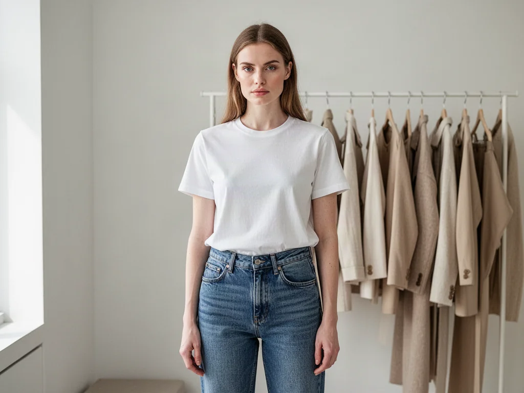 Kobieta w białym t-shircie i jeansach w nowoczesnej garderobie, prezentująca styl basic.