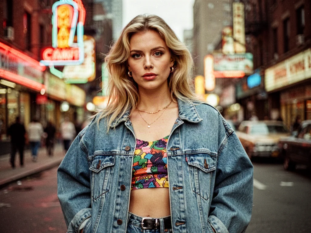 Kobieta w stylu lat 90. ubrana w jeansową kurtkę oversize i kolorowy crop top na tle miejskiej ulicy.