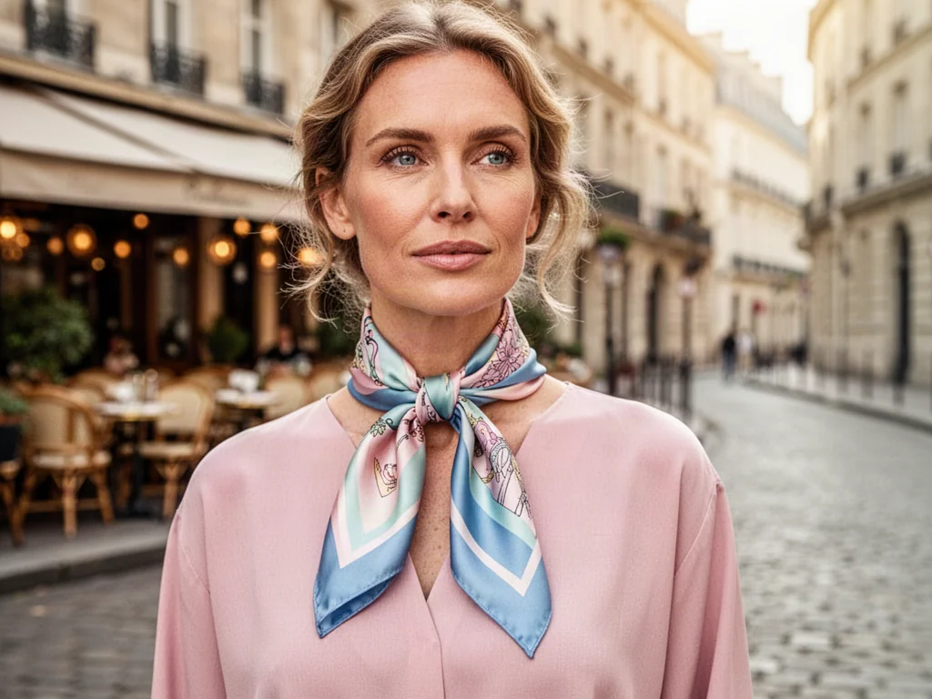 Elegancko zawiązana jedwabna apaszka na szyi kobiety na tle paryskiej ulicy. Przykład stylowego dodatku do codziennej stylizacji.