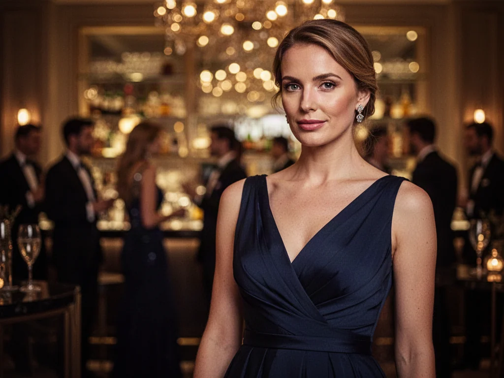 Elegancka kobieta w sukience koktajlowej na tle stylowego wieczornego przyjęcia z ciepłym oświetleniem.